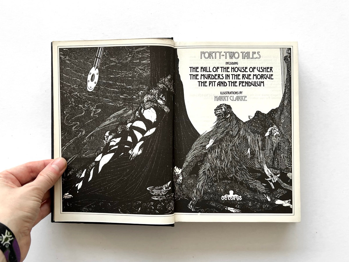 Forty-Two Tales by Edgar Allan Poe (Octopus, 1979), illustrated title spread with dramatic black-and-white artwork by Harry Clarke.