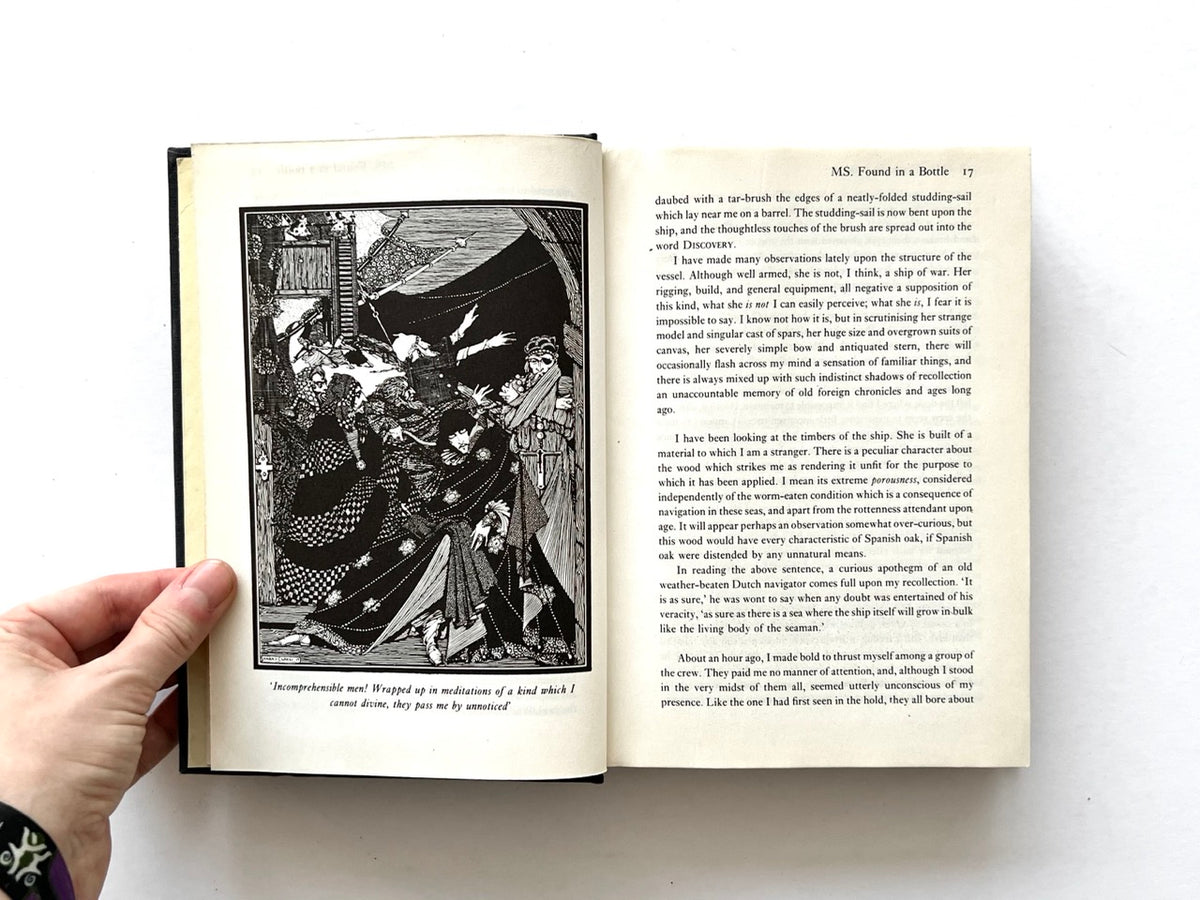 Forty-Two Tales by Edgar Allan Poe (Octopus, 1979), interior spread from “MS. Found in a Bottle” with a detailed Harry Clarke illustration.