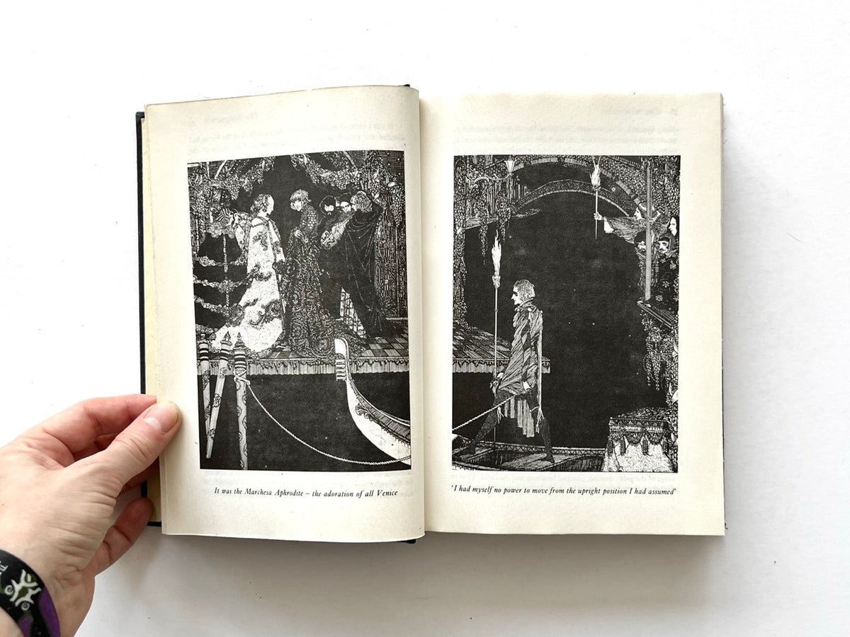 Forty-Two Tales by Edgar Allan Poe (Octopus, 1979), interior pages featuring two intricate black-and-white Harry Clarke illustrations.