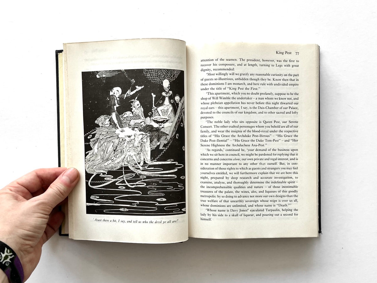 Forty-Two Tales by Edgar Allan Poe (Octopus, 1979), “King Pest” interior spread with macabre black-and-white Harry Clarke illustration.