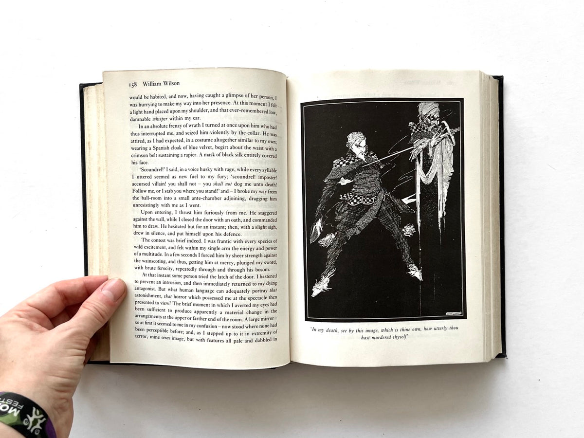 Forty-Two Tales by Edgar Allan Poe (Octopus, 1979), “William Wilson” interior spread with dramatic Harry Clarke illustration of the climactic confrontation.