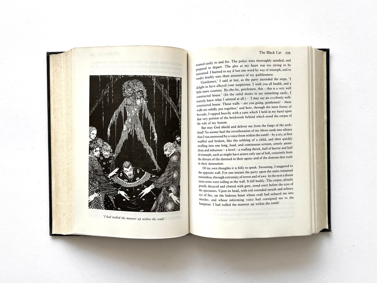 Forty-Two Tales by Edgar Allan Poe (Octopus, 1979), “The Black Cat” interior spread with macabre black-and-white Harry Clarke illustration.
