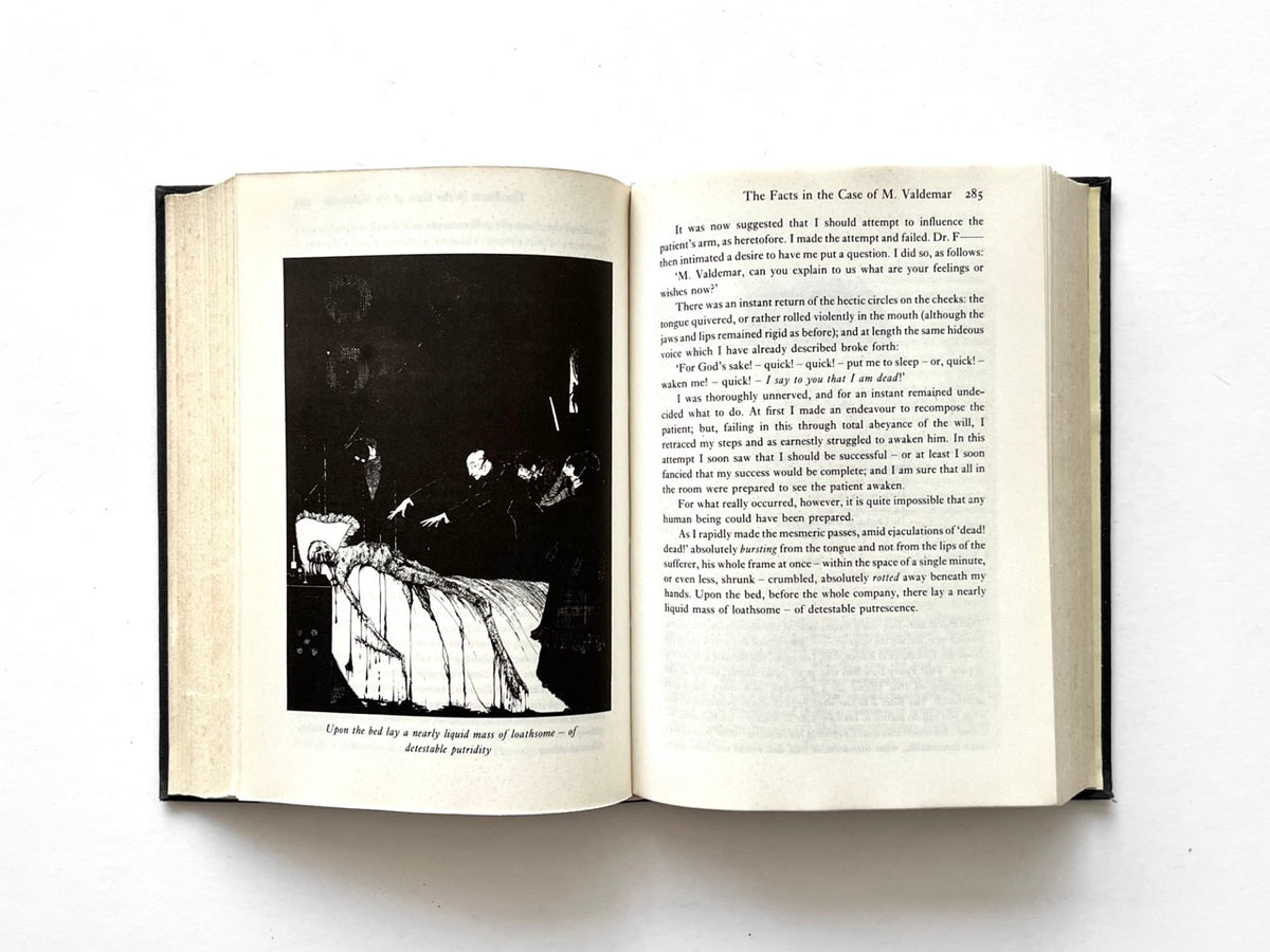 Forty-Two Tales by Edgar Allan Poe (Octopus, 1979), “The Facts in the Case of M. Valdemar” interior spread with eerie Harry Clarke illustration.