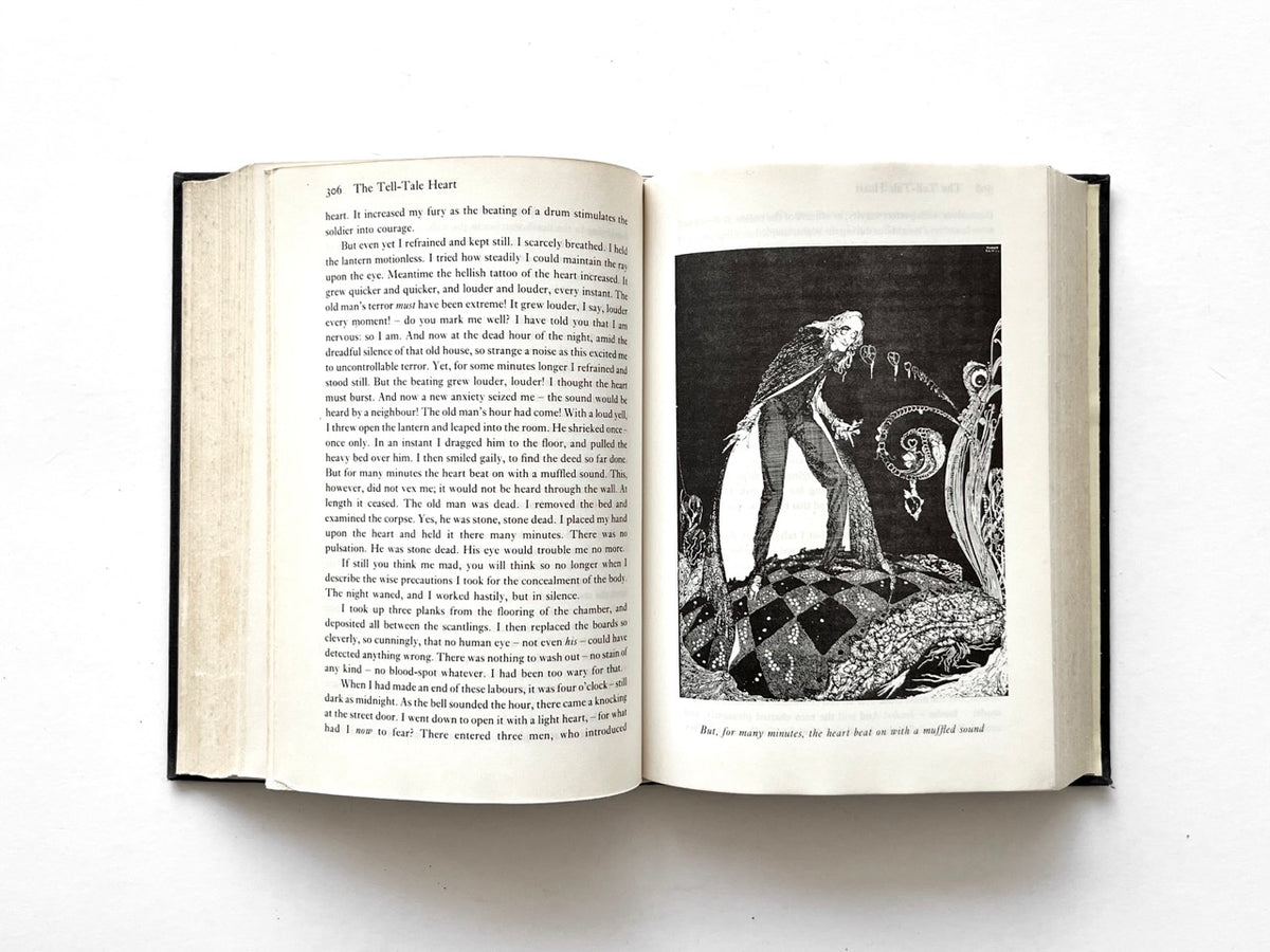Forty-Two Tales by Edgar Allan Poe (Octopus, 1979), “The Tell-Tale Heart” interior spread with black-and-white Harry Clarke illustration.