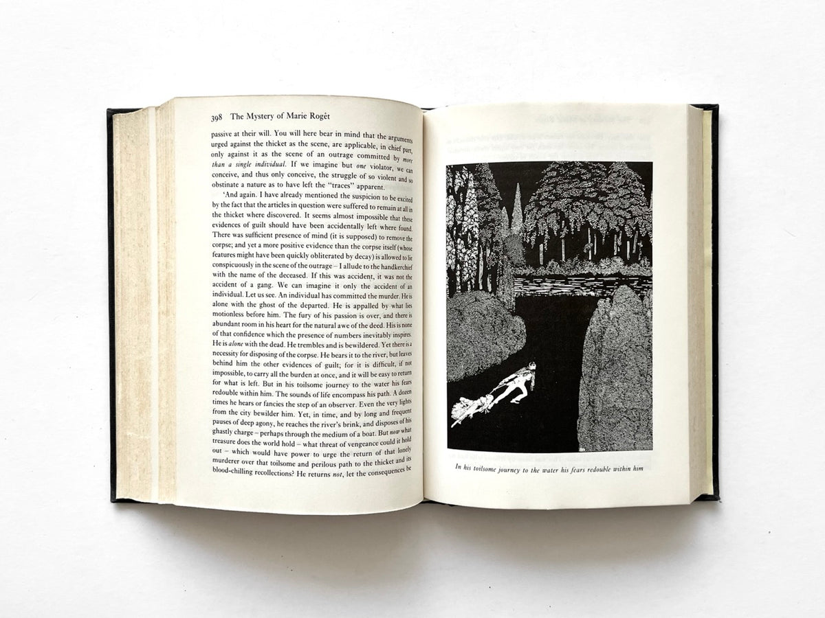 Forty-Two Tales by Edgar Allan Poe (Octopus, 1979), “The Mystery of Marie Rogêt” interior spread with atmospheric Harry Clarke illustration.