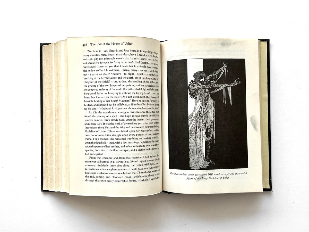 Forty-Two Tales by Edgar Allan Poe (Octopus, 1979), “The Fall of the House of Usher” interior spread with Harry Clarke illustration of Lady Madeline of Usher.