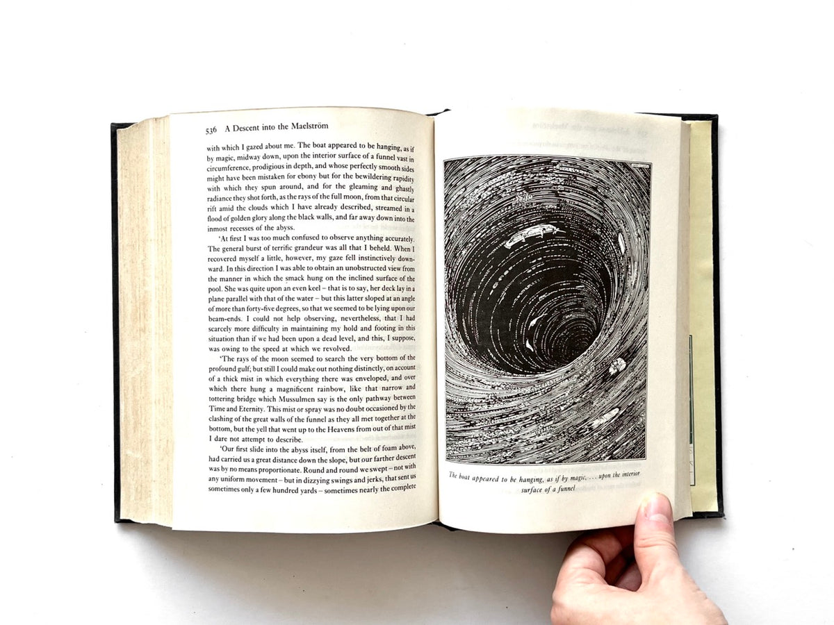 Forty-Two Tales by Edgar Allan Poe (Octopus, 1979), “A Descent into the Maelström” interior spread with Harry Clarke illustration of a boat caught in a vast whirlpool.
