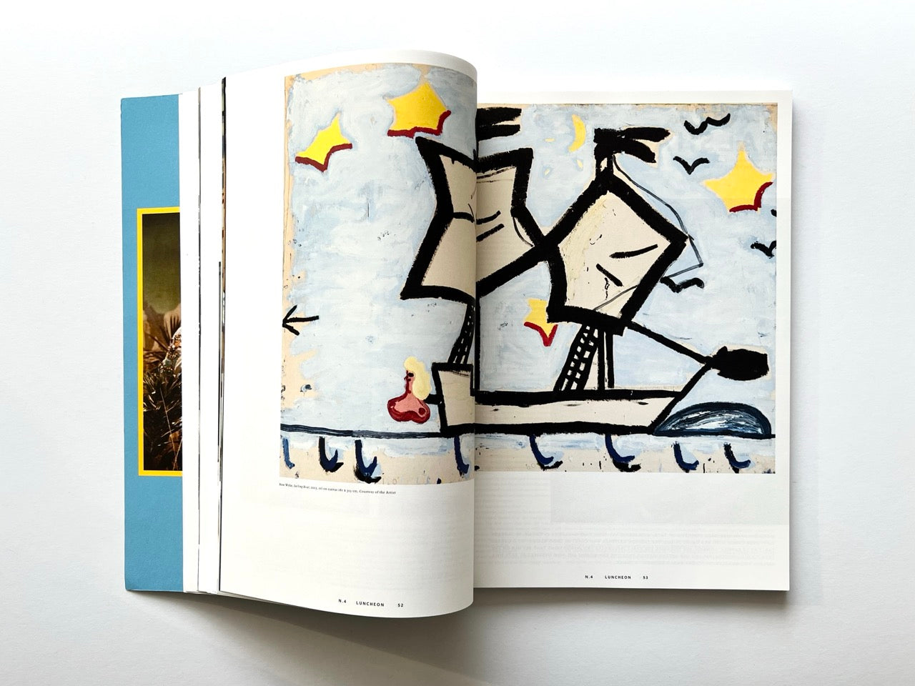 Open spread from Luncheon Magazine No. 4 featuring a full-page colourful illustration of two abstract figures rowing a boat on a stylised sea, surrounded by stars and birds.