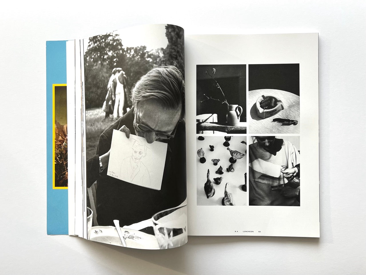Open spread from Luncheon Magazine No. 4 with a black-and-white photograph of a man holding a sketch on the left, and a grid of four black-and-white still-life and portrait photographs on the right.