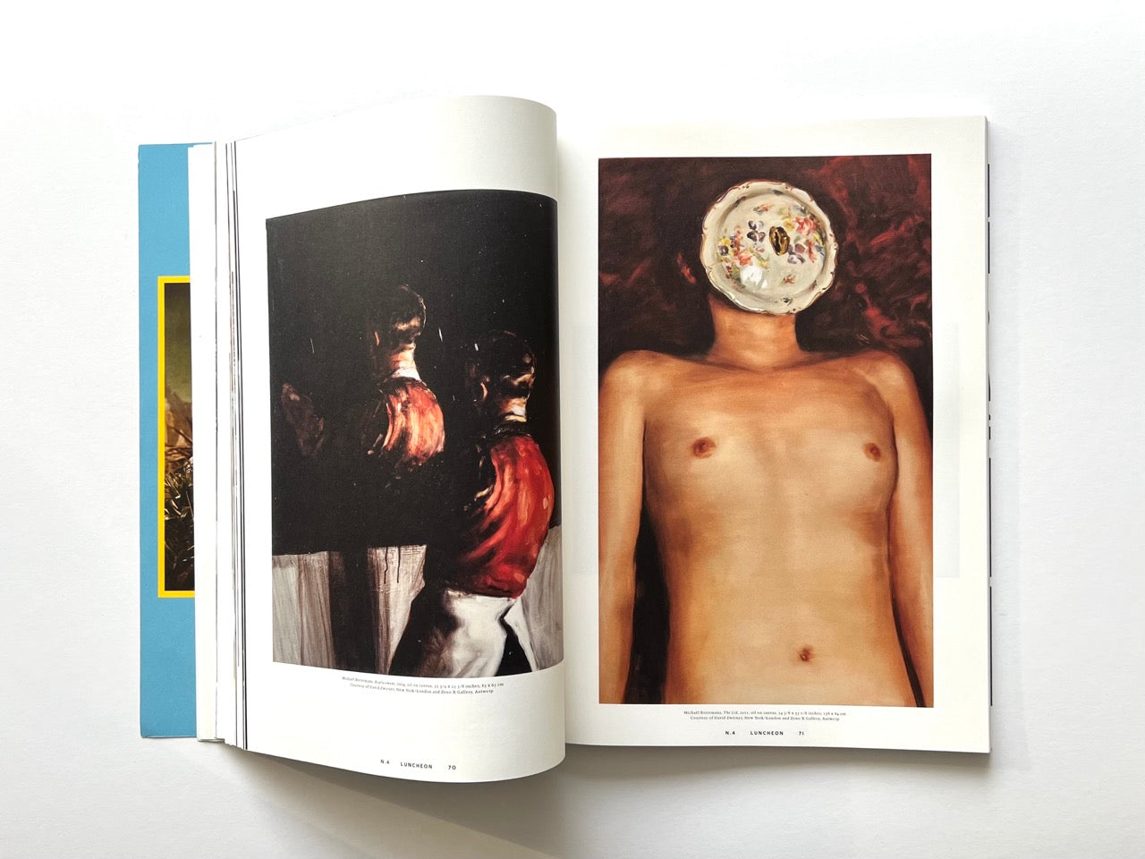 Open spread from Luncheon Magazine No. 4 showing two artworks: a dark painting of two figures in red garments on the left, and a colour painting of a nude torso with a decorative plate obscuring the face on the right.