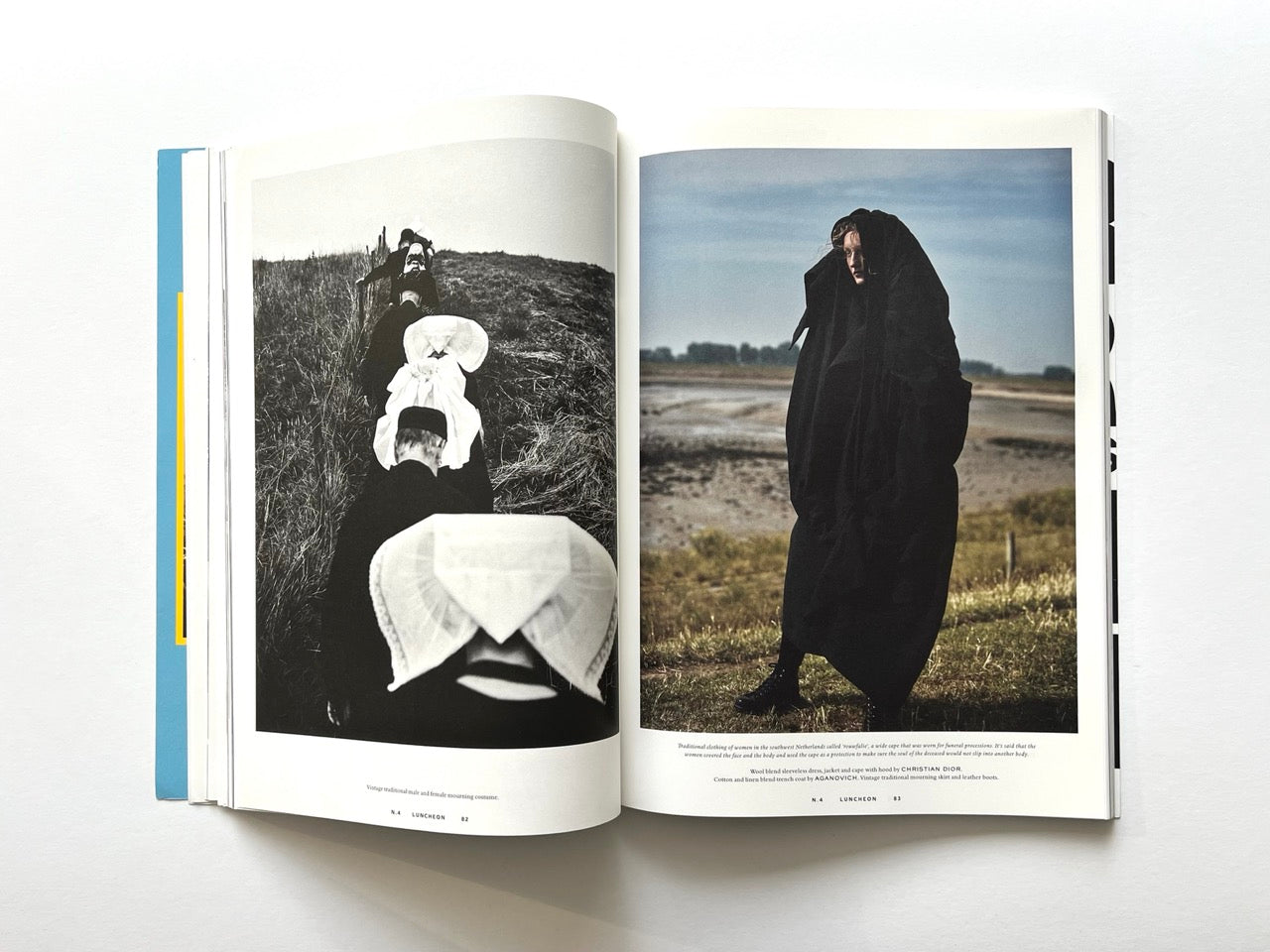 Open spread from Luncheon Magazine No. 4 featuring a black-and-white photograph of women in traditional Dutch mourning attire walking in a line on the left, and a colour portrait of a person standing outdoors in full black traditional dress on the right.