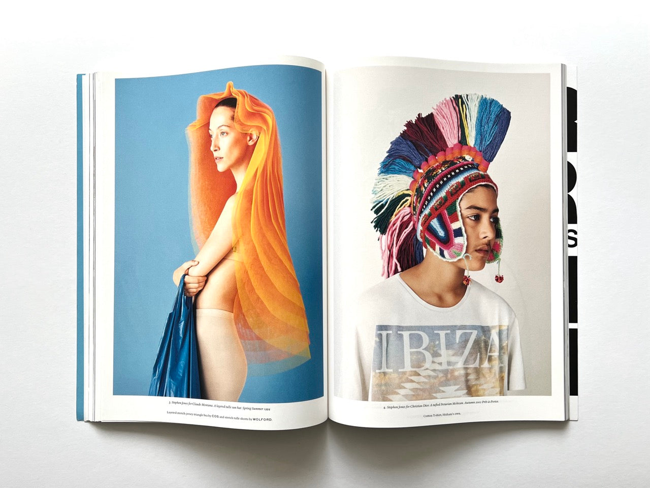 Open spread from Luncheon Magazine No. 4 showing a model on the left draped in a sheer orange veil against a blue background, and a model on the right wearing a brightly coloured woven headdress with tassels.
