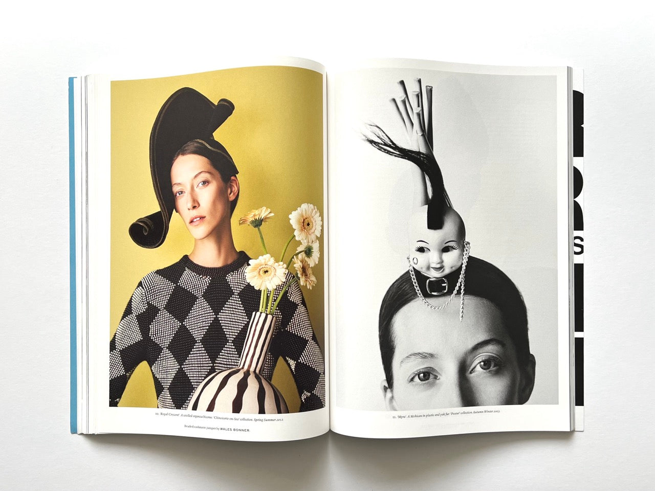 Open spread from Luncheon Magazine No. 4 featuring a model on the left wearing a large black sculptural hat against a yellow background, and a black-and-white portrait on the right showing a model wearing a headpiece topped with a doll’s head and chain details.