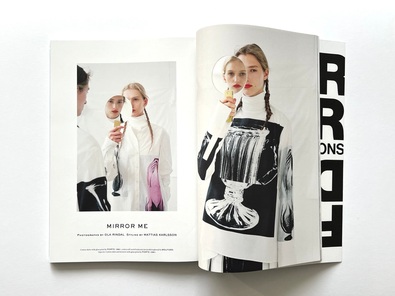 Open spread from Luncheon Magazine No. 4 showing a model with braids holding a small round mirror that reflects her face; multiple reflections appear across the white, minimalist background.