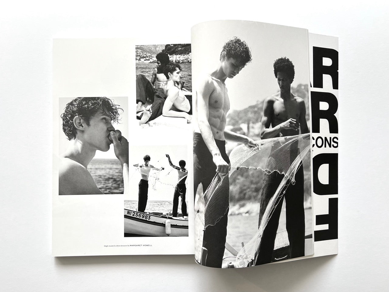 Open spread from Luncheon Magazine No. 4 featuring black-and-white photographs of shirtless young men by the sea, including portraits, a seated group on a boat, and two figures holding a fishing net.
