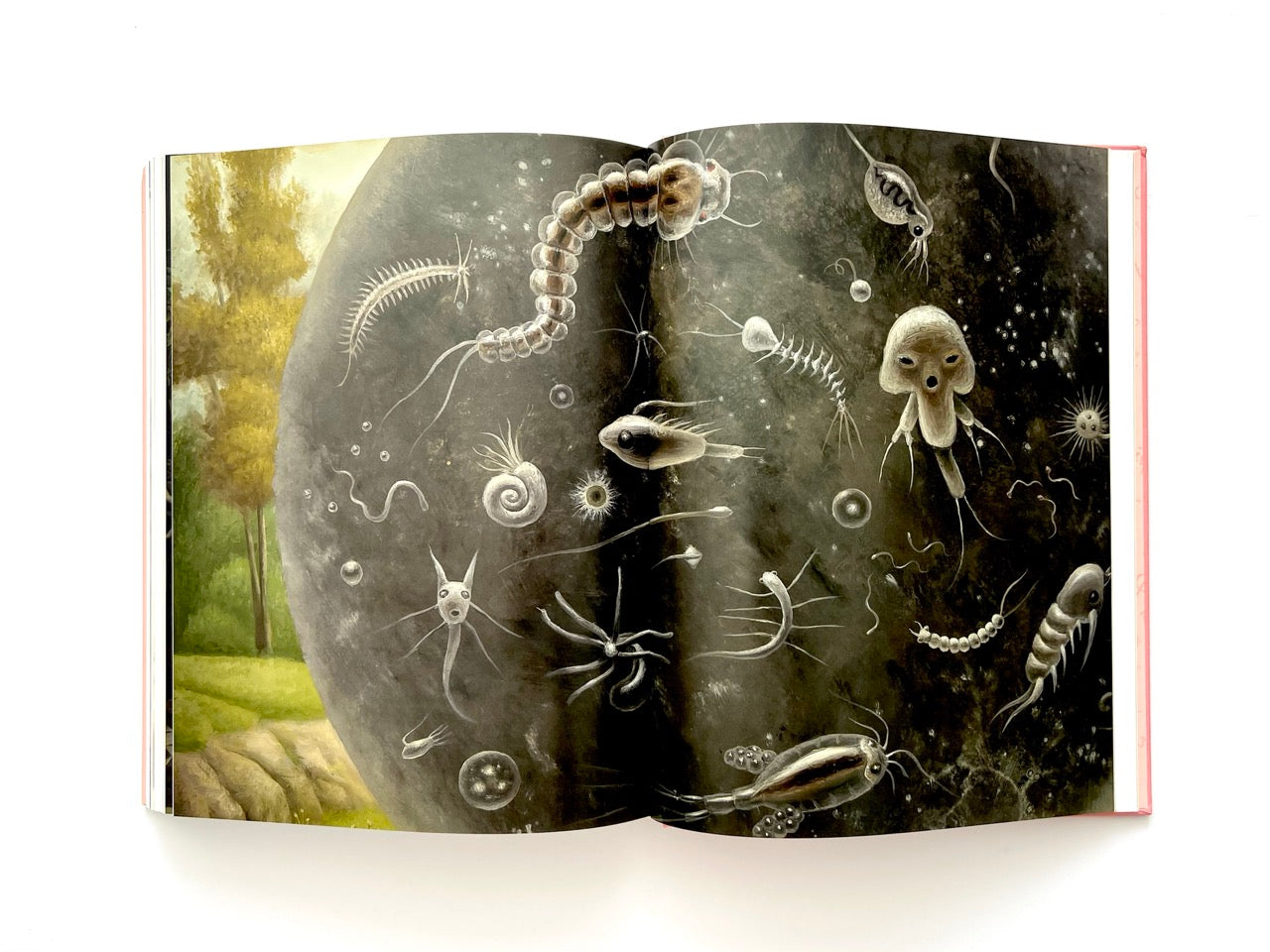 Mark Ryden Pinxit interior spread featuring a circular, microscope-like view of strange organic and microscopic creatures floating against a dark background with a forest edge visible to the side