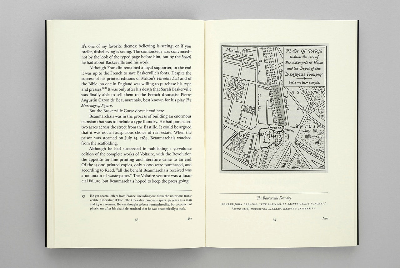 Open book - HEAR, ALL YE PEOPLE; HEARKEN, O EARTH by Errol Morris - with taxt on one page and a city plan on the other.