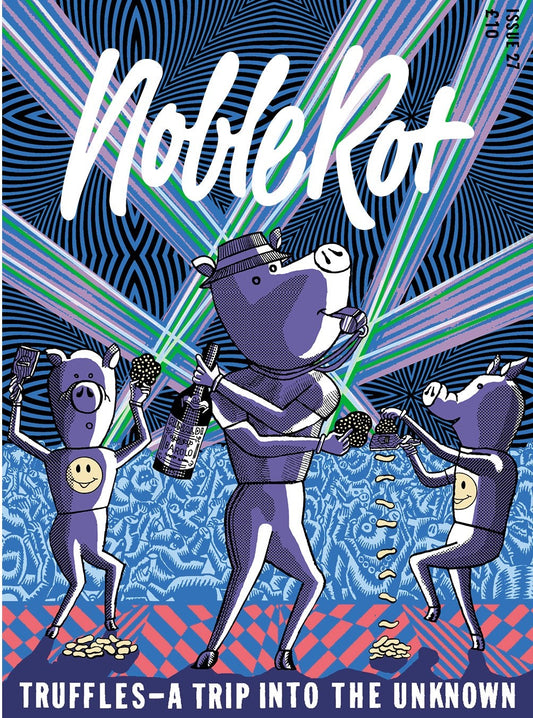 Illustrated cover of Noble Rot Magazine Issue 27 featuring three anthropomorphic pigs in a surreal party scene. They hold truffles, wine, and snacks while laser-like beams of colour radiate behind them against a blue, hypnotic patterned background. The bottom text reads “Truffles – A Trip Into the Unknown.” The style is bold, psychedelic, and playful.