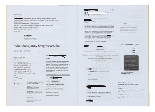 Interior spread of Diary of a Bootlegger by Jonny Banger showing collage of emails, tweets and messages documenting Sports Banger culture