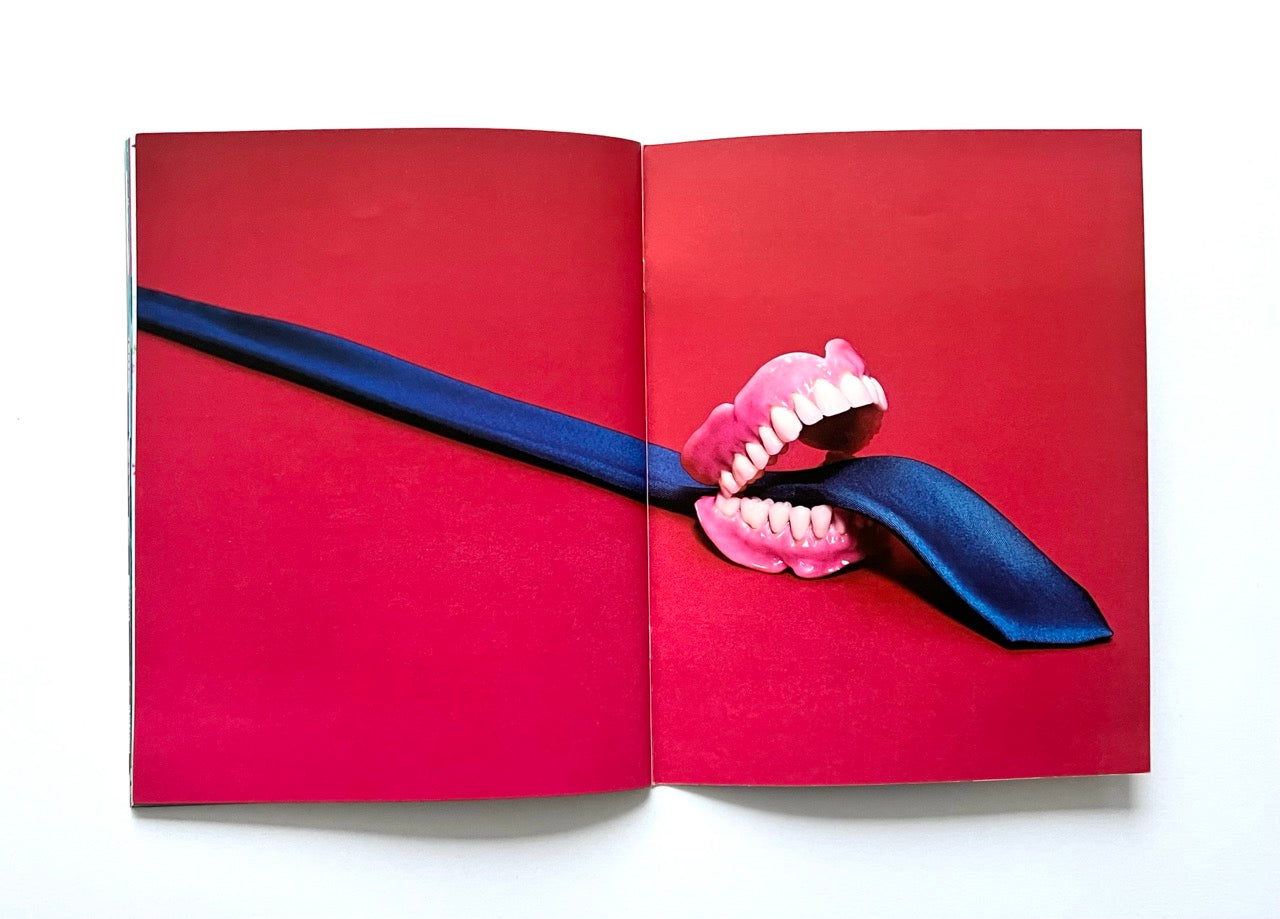 Magazine spread (Toiletpaper No. 7, December 2012) showing pink dentures clamped onto a blue necktie, staged on a vivid red backdrop in a surreal, stylised composition.
